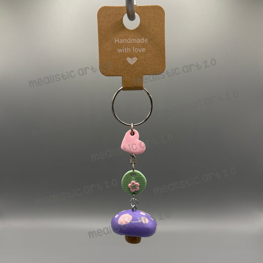 Handmade Dotted Purple Mushroom with Pink Heart Keychain